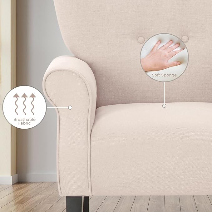 MELLCOM Mid Century Wingback Arm ChairModern Upholstered Fabric High Back Accent Chair with Wood LegsUpholstered Single Sofa Club Chair for Living Room Bedroom Home Office Beige