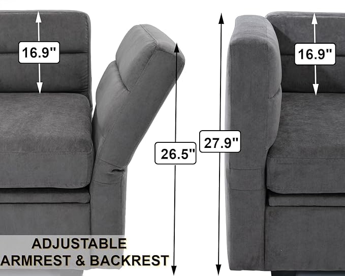 107 Modular Sectional Sofa Storage Couch and Ottoman 6 Seat Convertible U Shaped Couch with Reclining Arm and Back Modular Sectional Couches for Living Room Apartment Small Space(Dark Gray)