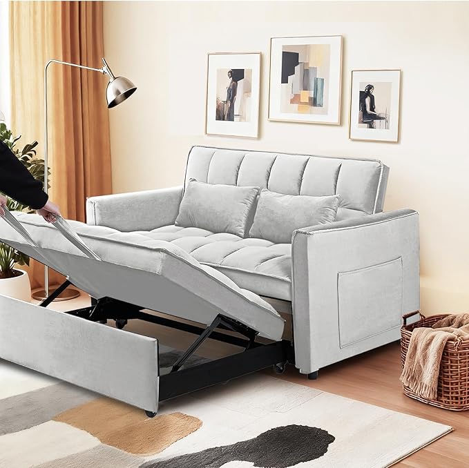 53'' Convertible Sleeper Sofa Bed Modern Velvet Fabric Adjustable Backrest Side Pocket and 2 Pillows 3-in-1 Pull Out Loveseat Couch for Living Room Bedroom Small Spaces Beige
