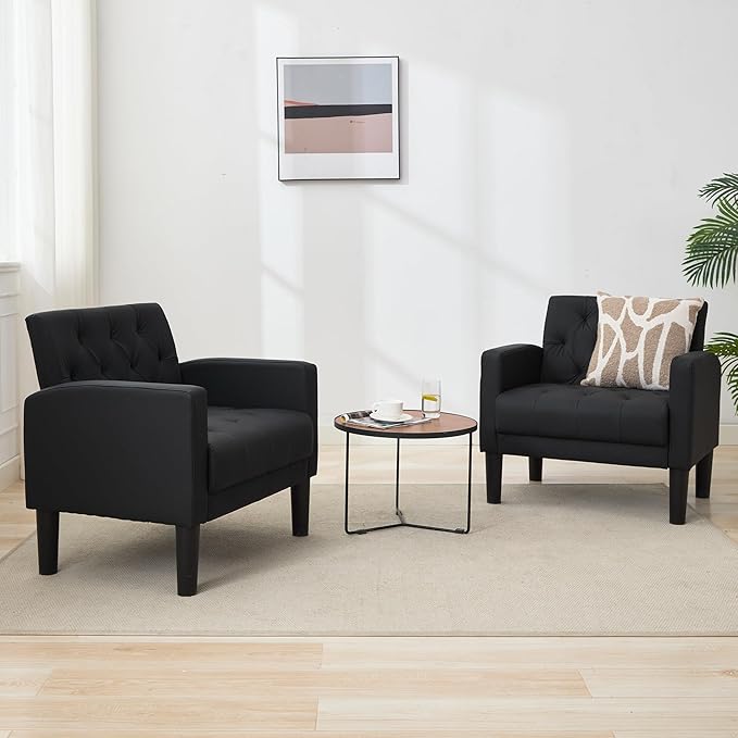 TYBOATLE Accent Chair Comfy Living Room Chair Black Leather Tufted Mid Century Modern Accent Chairs Small Cozy Reading Arm Chair for Office Bedroom (1 Black)