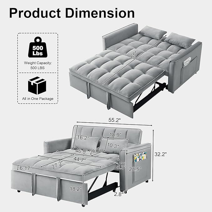 Convertible Sofa Bed 3 in 1 Sleeper Sofa with Adjustable Backrest Pull Out Couch Loveseat with 2 Pillows &amp Side Pockets for Living Room Bedroom Apartment 55 Velvet | Light Gray