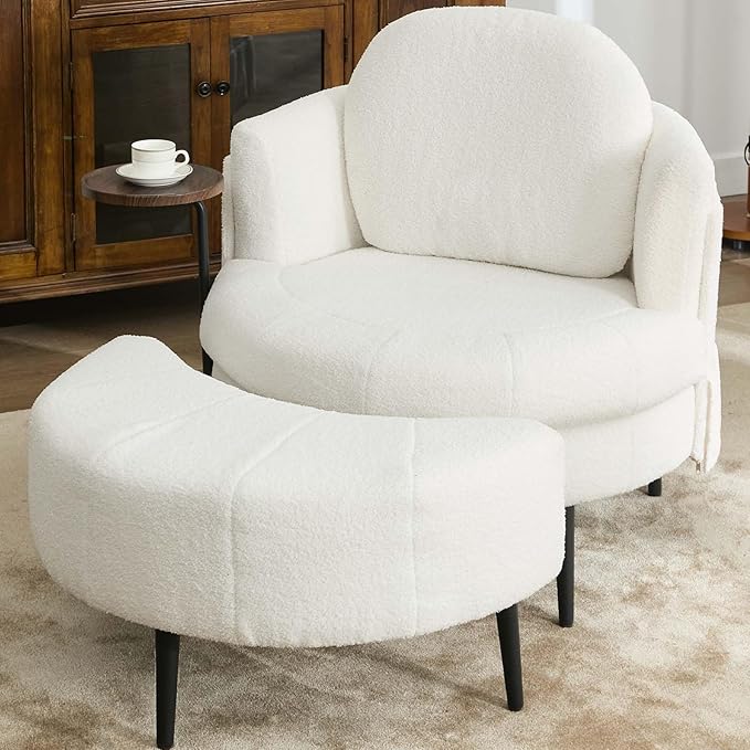 42.5 Single Sofa Chair Chaise Lounge with Movable Cresent-Shaped Footstool Removable Headrest &amp Wraparound Armrests One-Piece Side Table for Small Living Room (White)