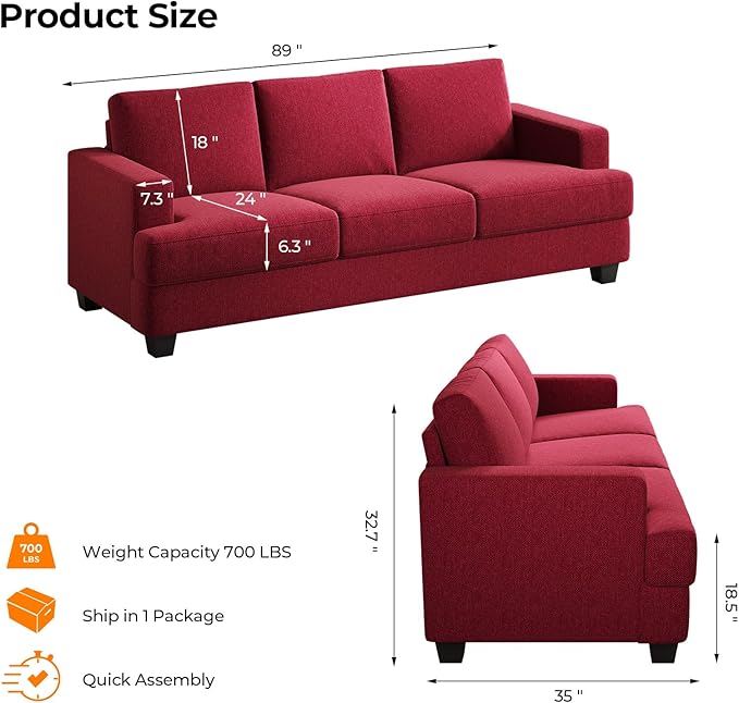 Fadware Sofa Couch 3 Seater Sofa with Suppleness Armrests Fabric Deep Seat Sofa with Upholstered Cushion&amp Backrests Modern Comfy Couch for Living Room Apartment