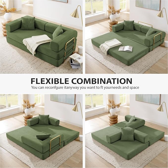 4-in-1 Folding Convertible Sofa Bed 78 Inch Oversized Corduroy Upholstered Boneless Couch Loveseat Sleeper with Pull Out Bed Floor Sofa Modular Futon Couch for Living Room Bedroom Lounge Green