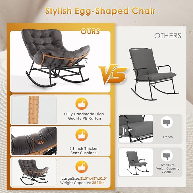 IDEALHOSUE Papasan Rocking Chair with Foot Rest Ergonomic Papasan Chair with Thick Soft Cushion Metal Frame &amp PE Rattan Lounge Chairs for Living Room Bedroom Relaxation Space