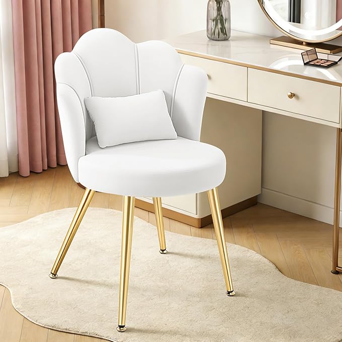 Petal Makeup Vanity Chair with Back Flower Chair Comfy No Wheels for Girls Women Makeup Chair with Golden Metal Legs &amp Lumbar Pillow for Living Room/Makeup Room/Bedroom/Home Office - White