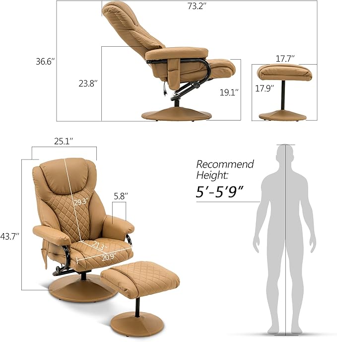 MCombo Recliner with Ottoman Reclining Chair with Massage 360 Swivel Living Room Chair Faux Leather 4901 (Cognac)