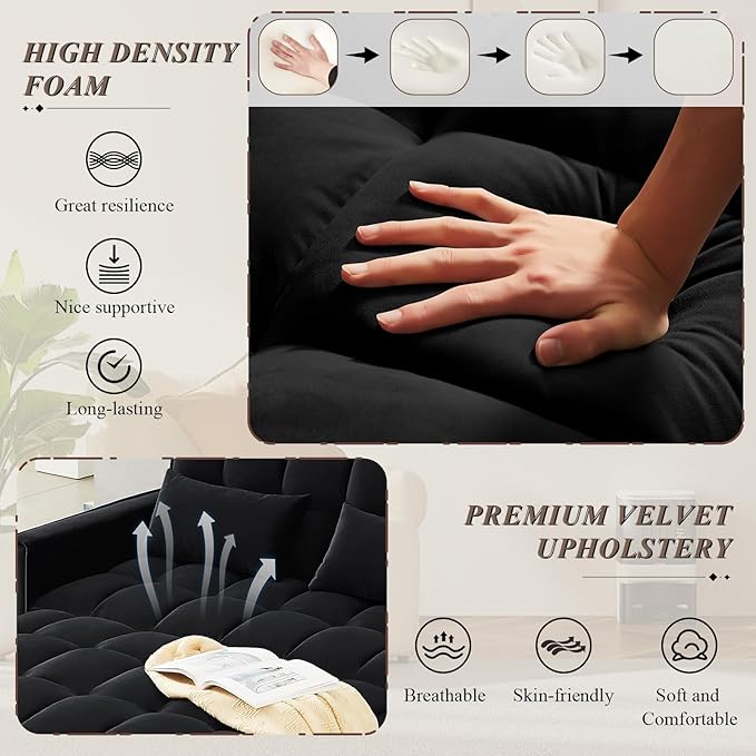 3 in 1 Convertible Sleeper Sofa Bed Futon Couches for Living Room with Side Pocket/Adjustable Backrest Velvet Upholstered Pull Out Couch Small Loveseat Sofa Bed for Bedroom Office Small Spaces