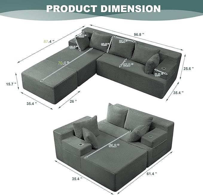 Boneless Couch Cloud Modular Sectional Sofa Modern Convertible L Shaped 3 Seat Corduroy Deep Seat Boneless Couches with 5 Pillows for Living Room Apartment (Dark Gray Left Facing Chaise+Ottoman)