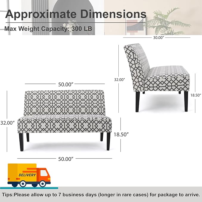 50'' Loveseat Sofa Modern Two-Seater Compact Upholstered Sofa for Small Space Bedroom Hallway Bench Geometric Pattern.