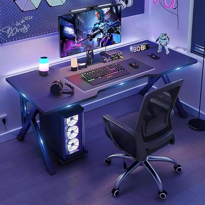 Large Gaming Desk K-Shaped PC Gaming Table for Home Office Ergonomic Computer Desk Space-Saving Easy Assembly (Black 40 Inch)