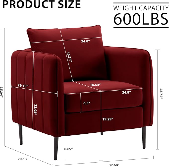 Leather Accent Chair Mid Century Modern PU Leather High Back Armchair for Living Room Chairs with Solid Wood Legs for Small Spaces Bedroom Office (Red-Velvet 29.13D x 32.68W x 35.04H)