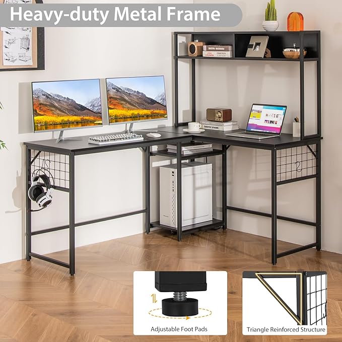 Tangkula L-Shaped Desk with Power Outlet Large Corner Desk Converts to 2-Person Long Desk with Hutch Computer Gaming Desk with CPU Stand &amp 3 Removable Hooks for Home Office (Black)