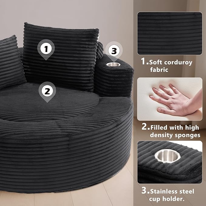 55 Black Oversized Round Boneless Couch Sofa Velvet Memory Foam Cloud Couches Lounge Chair Comfy Fluffy Single Sofa with 3 Pillows for Living Room Bedroom No Assembly Required (Black .)