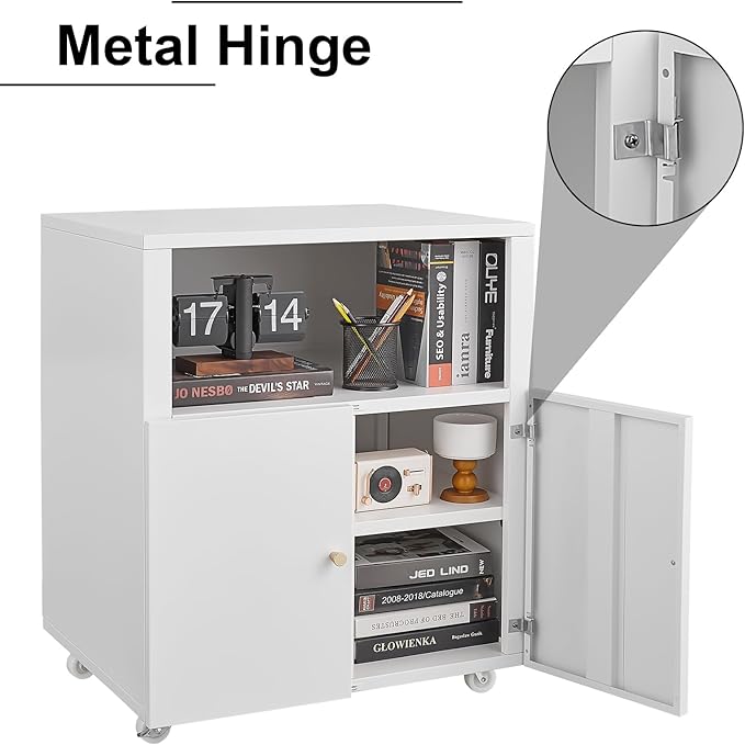2-Door File Cabinet Lateral Mobile Filing Under Desk Storage Organizer with Wheels Printer Stand &amp Open Storage Shelves for Home Office Organization White