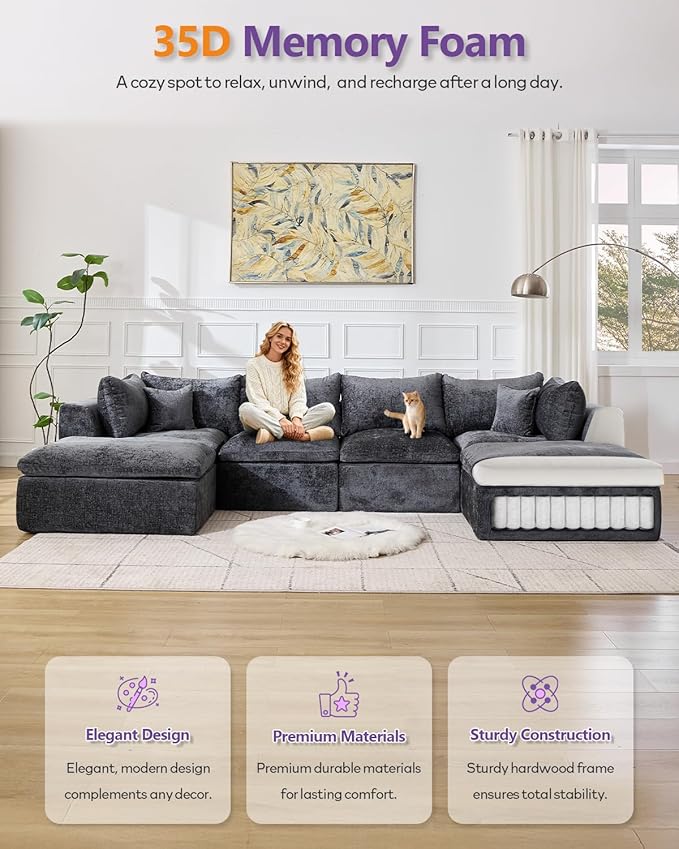 TYBOATLE Single Middle Seat Boneless Couch for Living Room Comfy Boneless Modular Couch w/Memory Foam Grey