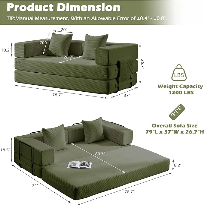 4 in 1 Convertible Sleeper Sofa Bed78’’ Compression Folding Sofa Bed with Pillows &amp Side Pockets Fold Out Floor Couch Boneless Couch for Living RoomBedroomGreen