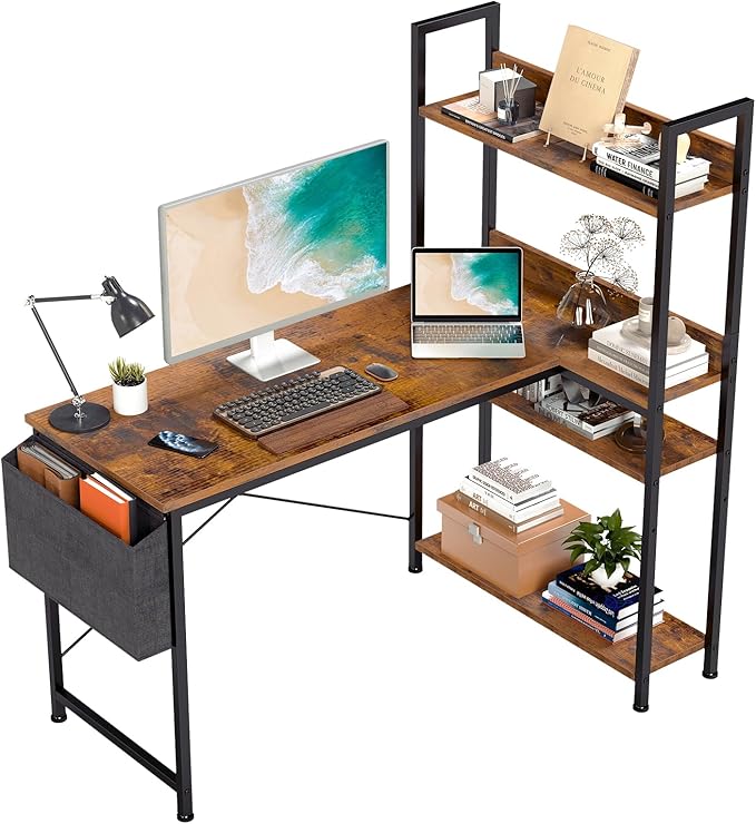 DUMOS L Shaped Desk Corner Computer Table 47 Inch L-Shaped Gaming Desks with Storage Shelf Reversible Wood Tables with Side Bag Adjustable Feet for 2 Monitors Small Space Home Office Bedroom Brown