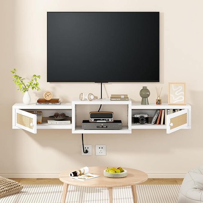 IBUYKE Modern Rattan Floating TV Stand with DoorsWall Mounted TV Shelf for TVs up to 55 InchesMedia Console Entertainment Center for Under TV Storage Cabinet for Living Room BedroomWhite UWST012W