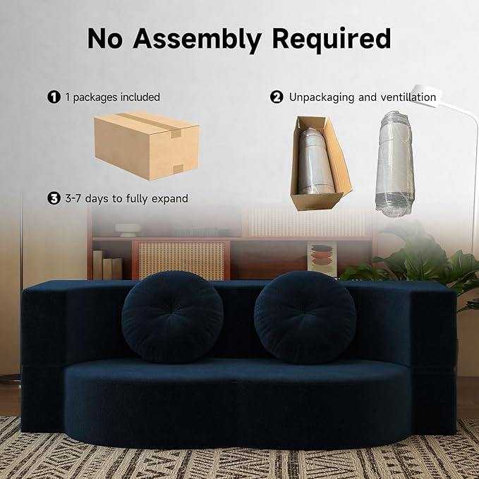 2-in-1 Full Size Convertible Floor Sleeper Couch Sofa Bed78”Folding Boneless Large Futon Loveseat Sofa with 2 Pillows Foam-Filled Compression Guest Couches Bed for Living Room (Blue)