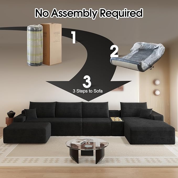 ‌151.5 Modern Cloud Boneless Corduroy Sectional Couch with U-Shape Chaise Ottoman and Side Table No Assembly Required Deep Seat Upholstered Modular Sofa for Living Room (Black Right Facing)