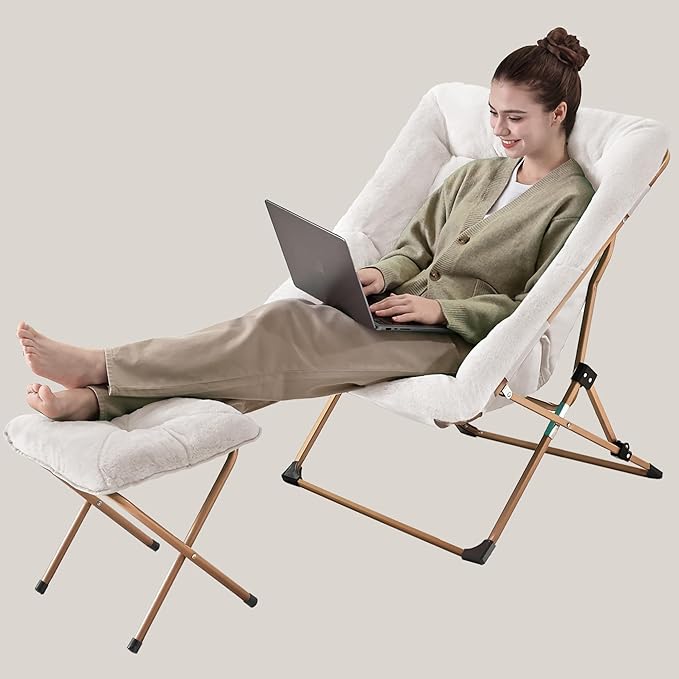 Walsham Folding Comfy Chair with Ottoman Faux Fur Soft Cozy Lounge Reading Papasan Chair with Footrest for Adults Kids Bedroom Living Room Dorms Small Space White