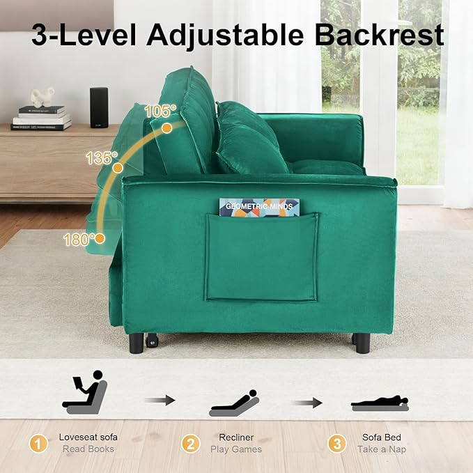 Dreamzie 3 in 1 Convertible Sleeper Sofa Bed 55'' Loveseat Sleeper Sofa Pull Out Couch Bed with Side Pocket &amp Adjustable Backrest for Living Room Velvet Fabric Green