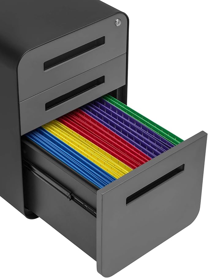 Laura Davidson Furniture Stockpile 3 Drawer File Cabinet with Lock - Under Office Desk Metal Filing Cabinet Legal/Letter File Folders Wheels and Stationary Feet Pre-Assembled Black/Grey