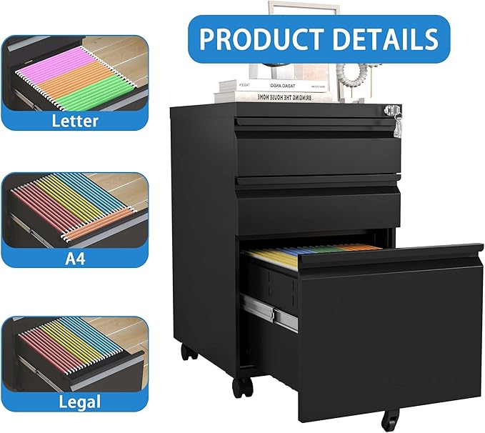 3 Drawer Small File Cabinet with Lock Under Desk Locking Storage Cabinet Organizer for Home Office Filing Fully Assembled Mobile Metal DrawersBlack