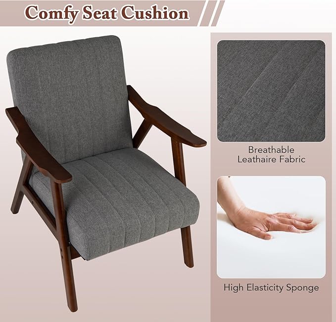 Giantex Mid-Century Modern Accent Chair Upholstered Comfy Living Room Chair with Arms Anti-Slip Felt Pads Wooden Frame Soft Padded Armchair for Living Room Bedroom Office Study Light Grey