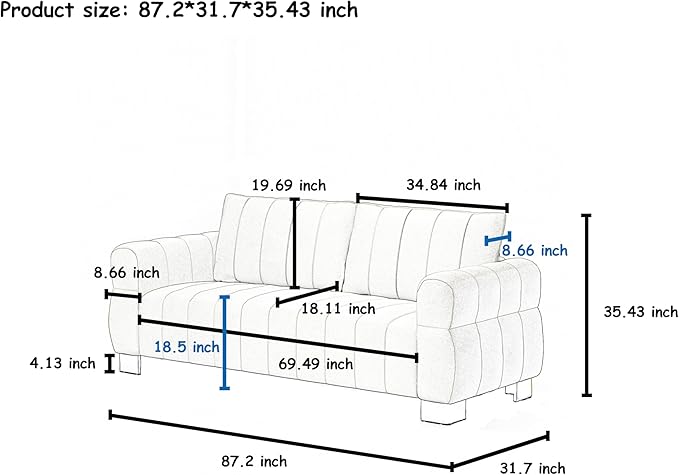 KEIKI 87 Oversized Velvet Cloud Comfy Sofa with Vertical Striped Backrest Cushion Upholstered 3-Seater Fluffy with Golden Metal Legs Easy Assembly for Office Apartment Living Room Grey