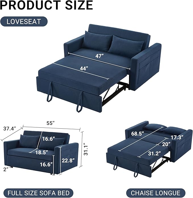 55.5 Fabric Convertible Sofa Bed Pull Out Sleeper Sofa Bed Loveseat Couch with Side Pocket 3 in 1 Convertible Sleeper Sofa Bed for Living Room Apartment Bedroom RV Navy Blue