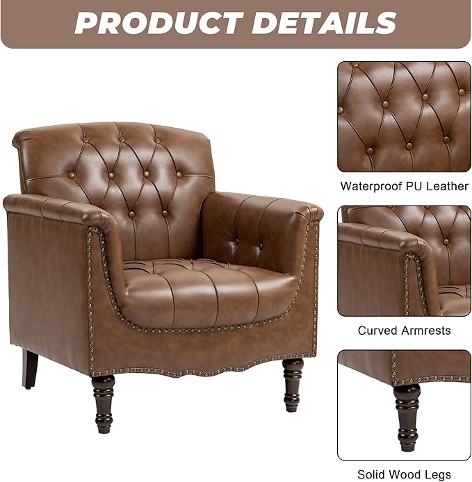 Faux Leather Accent Chair Modern Armchair Club Chair with Nailhead Trims &amp Wood Legs for Living Room Upholstered Comfy Arm Chair Side Chair for Office Bedroom-Brown