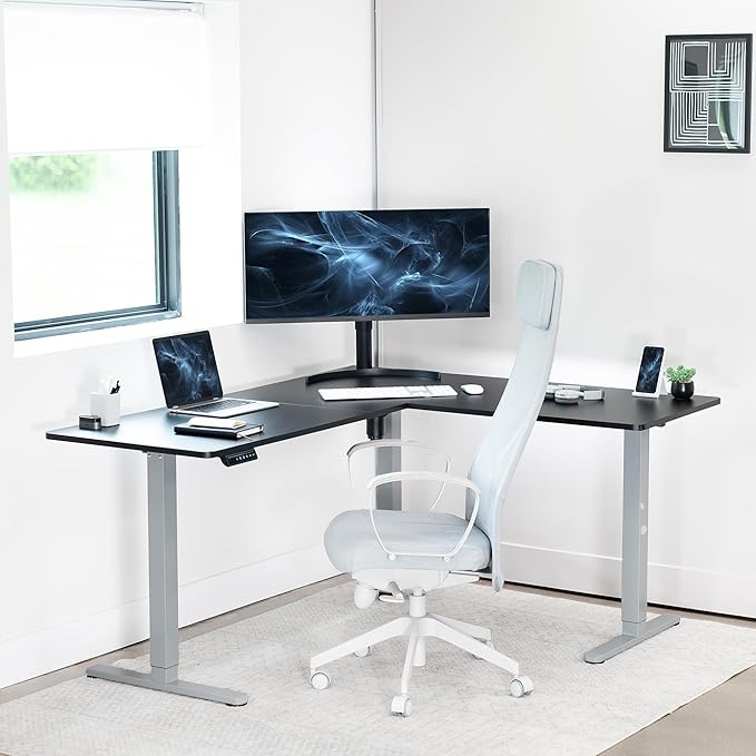 VIVO Corner Standing Desk 63 x 55 inch Reversible L-Shaped Workstation Electric Height Adjustment Home Office and Reception Rooms Black Table Top Gray Frame DESK-E3CTGB