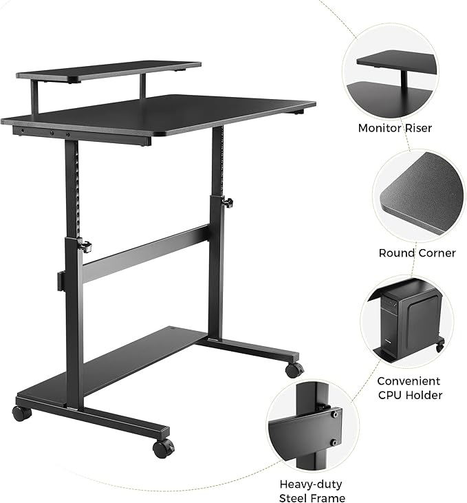 Eureka Ergonomic Height Adjustable Computer Desk Rolling Sit Stand Desk for Home Office with Hutch CPU Stand &amp Lockable Wheels 41 inch-Black