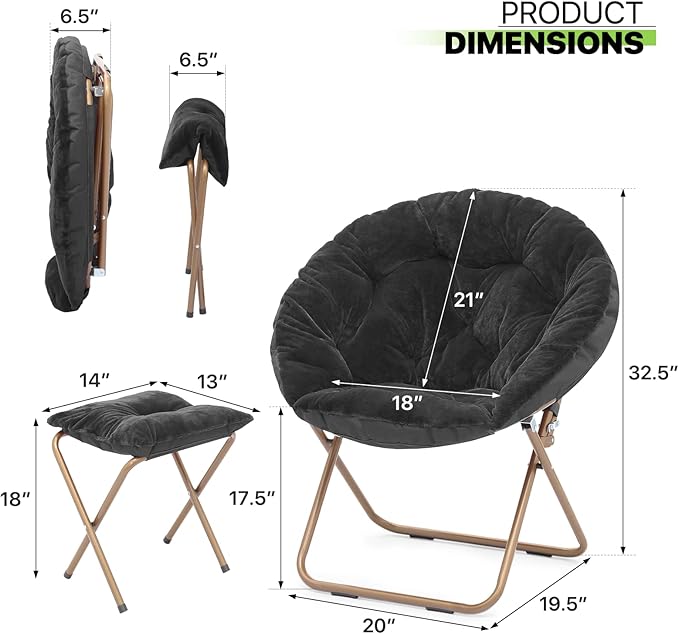 Magshion Folding Saucer Chair for Adults with Ottoman Circle Reading Chair for Bedroom Living Room &amp Dorm Furry Comfy Accent Seat with Metal Leg &amp Thick Padded for Small Spaces (Black 2 Pa