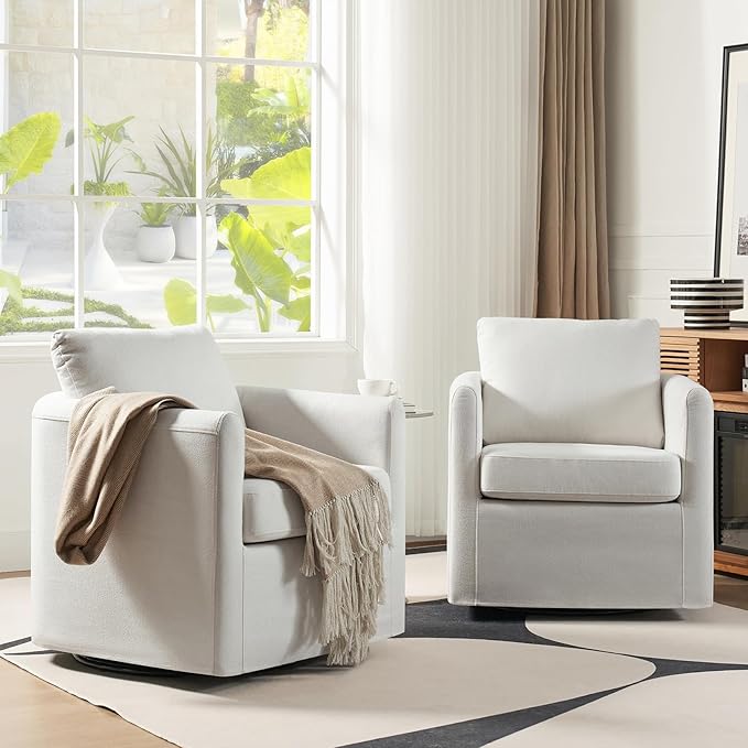 HULALA HOME 360-degree Swivel Accent Chair Set of 2 with Removable CoverRound Barrel Swivel Chair with Wide UpholsteredComfy Side Chair Sofa Chair for Living Room White