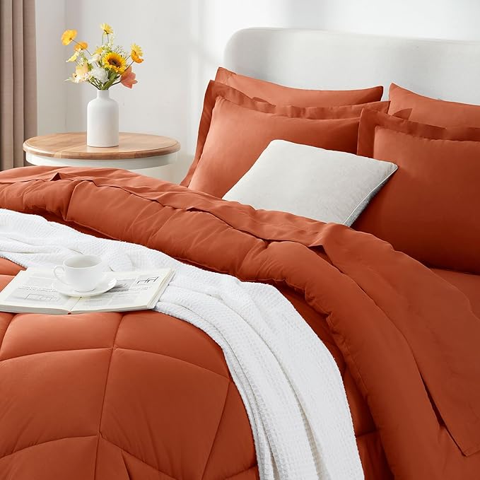 CozyLux Queen Comforter Set Burnt Orange - Bed in a Bag Queen Size 7 Pieces Luxury Soft Bed Set for All Seasons Bedding Set with Down Alternative Comforter Sheets Pillowcases &amp Shams Terracot