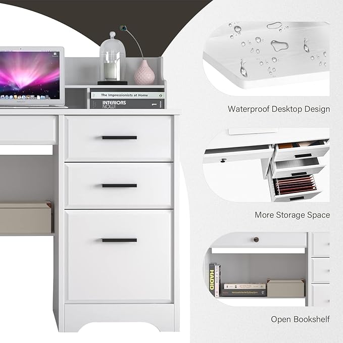 Catrimown Computer Desk with 4 Drawers and Hutch Home Office White Writing Desk with File Drawer and Shelves for Small Spaces Small Desk Study Table for Bedroom