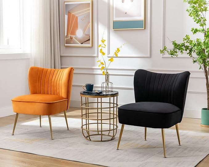 CIMOTA Velvet Accent Chairs Set of 2 Modern Armless Slipper Wingback Single Sofa Side Comfy Corner Chair with Golden Legs for Living Room Bedroom Orange