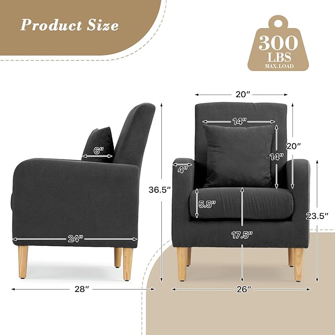 Athena Collection Modern Accent Chair with Cushion Comfy Upholstered Fabric Reading Chair for Adult Soft Sofa Armchair for Living Room Bedroom Dorm Black