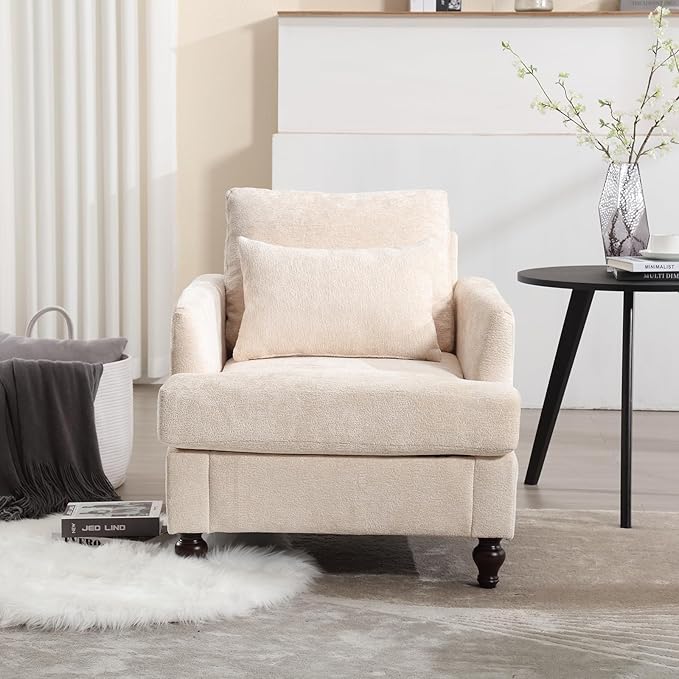 Mid Century Modern Accent Chair with 2 Pillows Chenille Upholstered Armchair with Solid Wood Legs and Thick Cushion Tufted Club Chair Comfy Reading Chair Lounge Chair for Living Room Bedroom Beige
