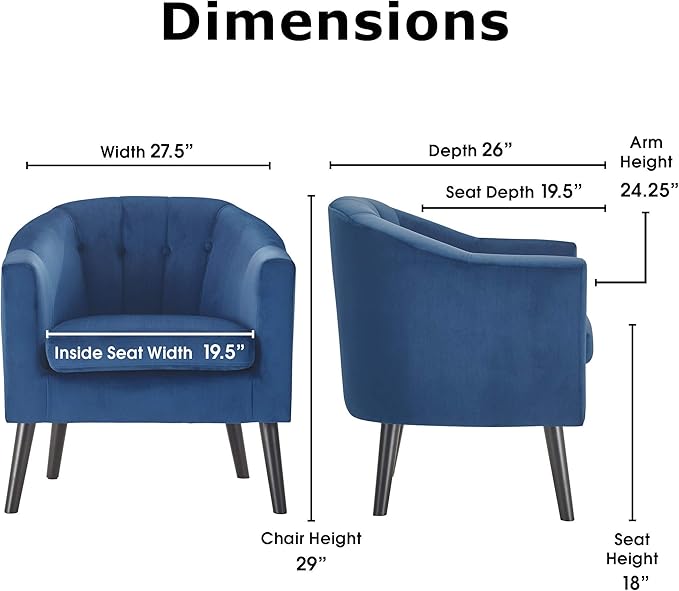 Ivey Barrel Chair Button Tufted Plush Back Cushion Luxury Black Wooden Legs Modern Living Room Upholstery Accent Furniture Blue Velvet
