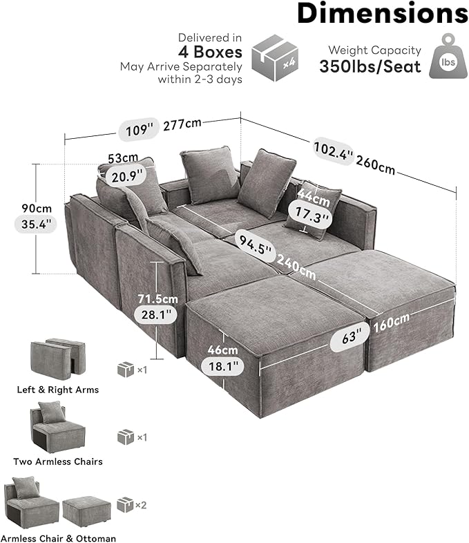 Tbfit 141'' Modular Sectional Sofa Chenille Cloud Couch with Wide Armrests &amp 6 Pillows Deep Seat Couches for Living Room Grey