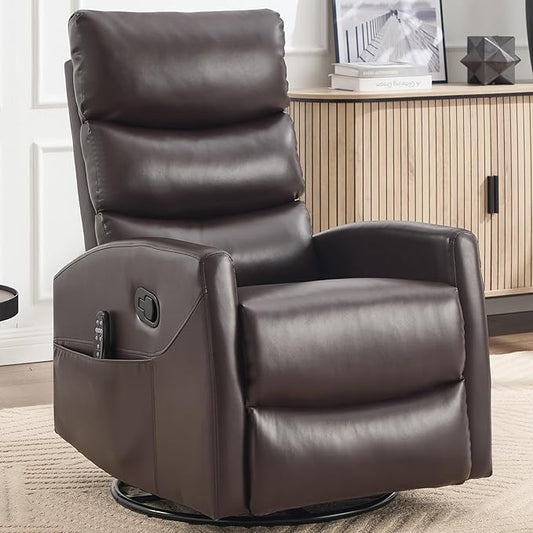 Swivel Recliner with Heat and Massage Rocker Recliner Chair for Living RoomGlider Recliner Nursery Chair with Black Metal Base/Adjustable Backrest and Footrest (PU Leather Brown)
