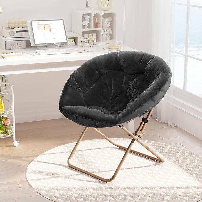 Cozy Saucer Chair Living Room Chair Faux Fur Soft Thick Padded Seat Metal Frame Folding Chair Comfortable Moon Chair for Living Room Bedroom Reading Nook Modern Style 2 Pack Black