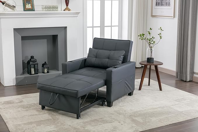 Futon Chair Bed Convertible Sleeper Chair3-in-1 Lazy Chair with USB PortsPull Out Chair Sleeper for Living Room Office Apartment (Leather Black)