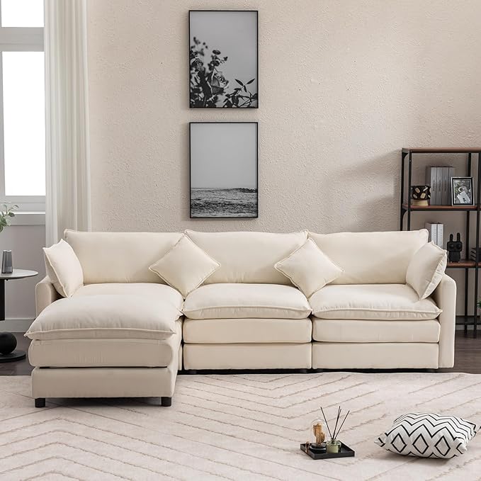 kevinplus 101'' Modular Sectional Sofa Couch L-Shaped with Convertible Ottoman for Living Room Modern Contemporary 3-Seat Fabric Sofa Couch Thick Cushion Beige