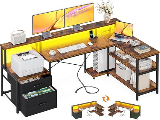 ODK L Shaped Desk with File Drawer 66 Reversible L Shaped Computer Desk with Power Outlet &amp LED Strip Office Desk with Storage Shelves Gaming Desk with Monitor Shelf Corner Desk Vintage
