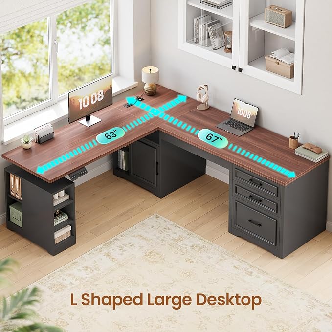 SEDETA Farmhouse L Shaped Electric Standing Desk 63 x 67 Height Adjustable Home Office Executive Desk with Drawers and Shelves Standing Computer Desks with Power Outlet for Home Office Black